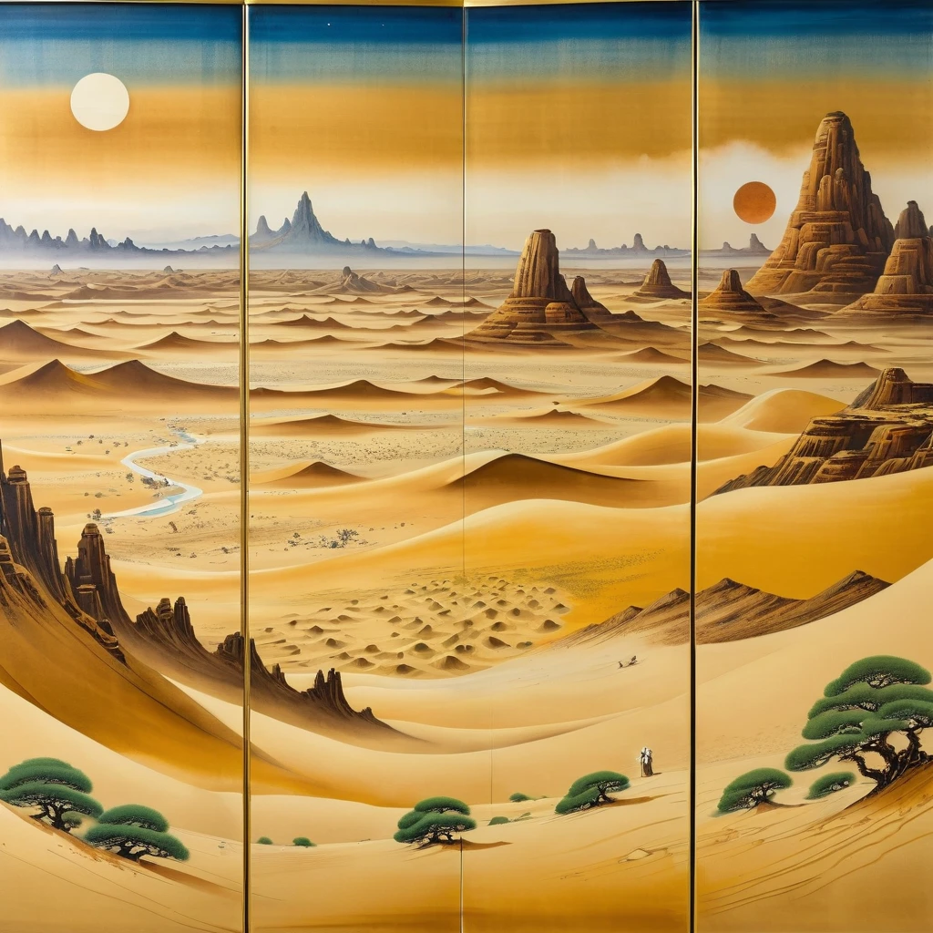 masterpiece,A folding screen depicting the sand planet Tatooine,Japanese paintings drawn with ink and water,(Beautiful gradation created by layering),(Tarashikomi technique),(Gold Dust Base),(dynamic)