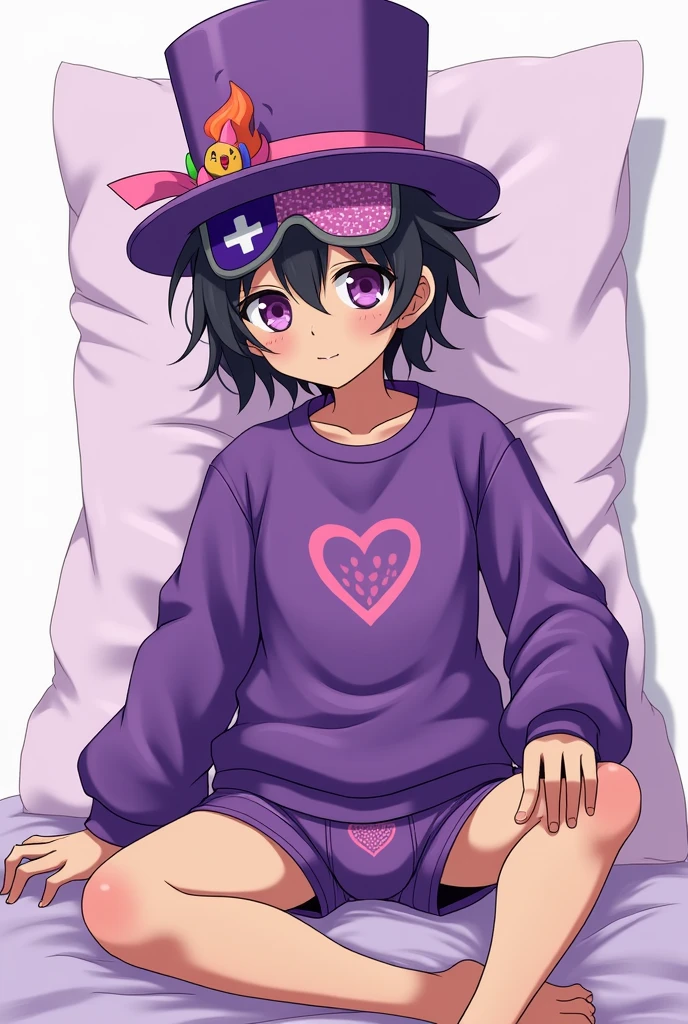 An anime character with black hair, brown skin, purple eyes, one of his eyes is covered by a sleeping mask with a video game print on his head, in the right corner there is a purple top hat with a pink ribbon on his face, on his boxers there is a purple heart mark and on his left ear there is a device that is shaped like a fire and is purple and pink in color. His clothes are a sweatshirt and pants, all with the purple and pink color palettes of the male gender.