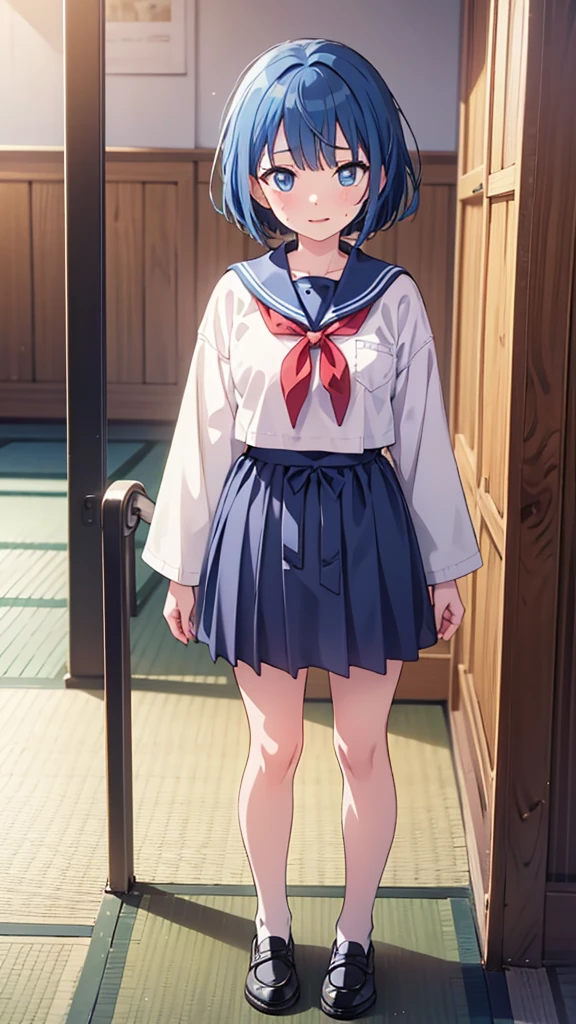 ((masterpiece, Highest quality, Very detailed, Very nice 8K CG wallpaper)), , A little thick, Medium Hair, Blue Hair, short hair, blue eyes,judo player、Sailor style uniforms、Large bust、Sailor suit、mini skirt、judo、Cute expression、Inside the judo Gymnasium、、On the tatami、discovery、One Girl、Full body standing、rest、Haruka Kiritani、Bust Size C Cup、love affair、date、Confession、幼い頃judo家によって育てられた、Sweating