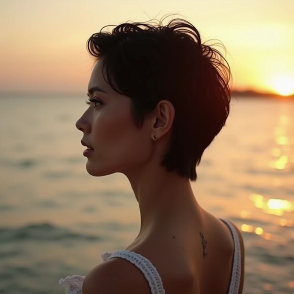 Female Model、Seaside at sunset、Short black hair、Tall and cool、profile
