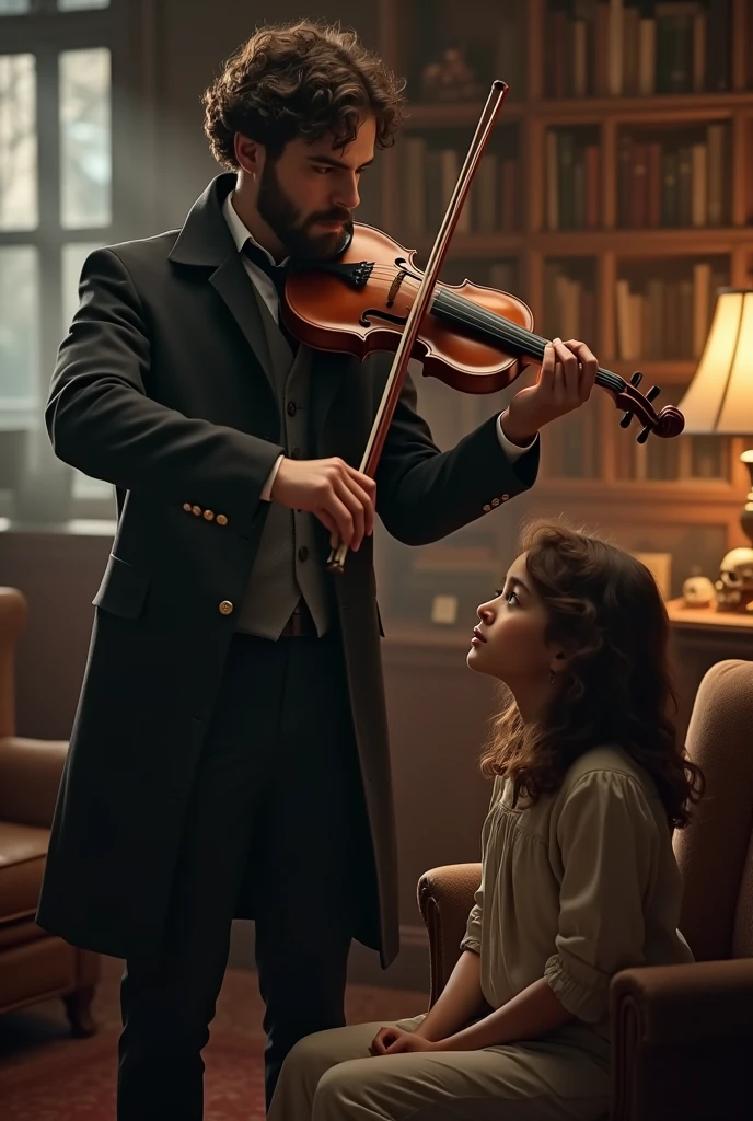 Bearded Scherlock Holmes from the BBC Scherlock series playing the violin in 221B for a 14 year old Brazilian girl with long, wavy brown hair