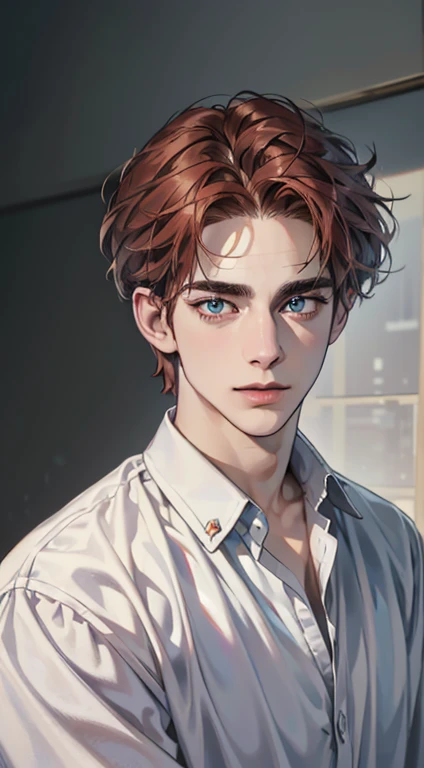 (best quality,4k,8k,highres,masterpiece:1.2),ultra-detailed,(realistic,photorealistic,photo-realistic:1.37),1 man,31 years old,mature man,very handsome,without expression,smile,short grey red hair,blue eyes,penetrating gaze,perfect face without errors,imposing posture,businessman,office background,cinematic lighting,hdr image