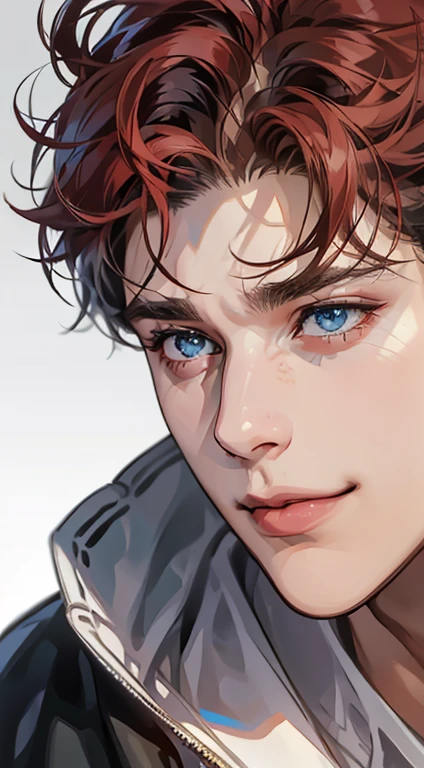(best quality,4k,8k,highres,masterpiece:1.2),ultra-detailed,(realistic,photorealistic,photo-realistic:1.37),1 man,31 years old,mature man,very handsome,without expression,smile,short grey red hair,blue eyes,penetrating gaze,perfect face without errors,imposing posture,businessman,office background,cinematic lighting,hdr image