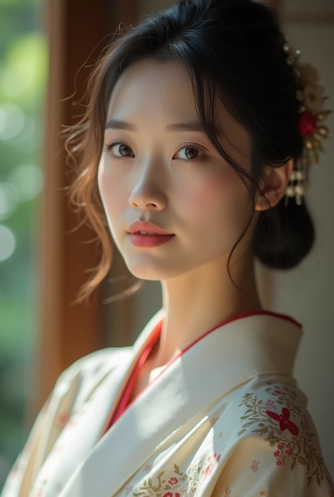 An elegantly dressed Japanese woman in natural light、A close-up of her chest and calm expression.、It shows her inner peace and outer charm.。