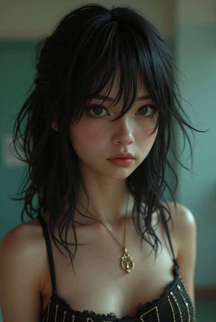 3D, slightly ugly, hard-eyed, topless, high school girl