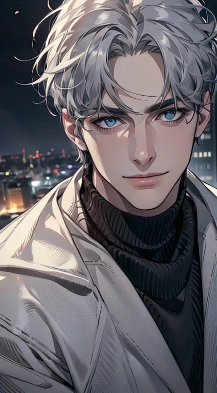 (best quality,4k,8k,highres,masterpiece:1.2),ultra-detailed,(realistic,photorealistic,photo-realistic:1.37),1 man,31 years old,mature man,very handsome,without expression,smile,short grey siver hair,blue eyes,penetrating gaze,perfect face without errors,imposing posture,businessman,office background,cinematic lighting,hdr image