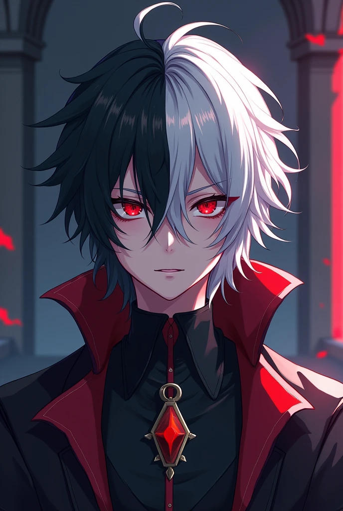 Psyco anime man, half black hair and half white hair, red eyes,  castle

