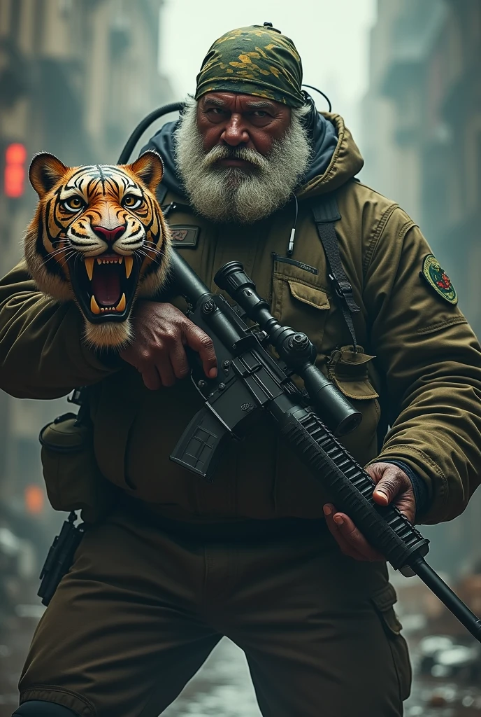 (a dark-skinned fat muscular bearded old man in camouflage diver suit) carrying a gun in right hand, (carrying realistic roaring tiger mask in left hand), (wearing camouflage bandana), dynamic action pose, fierce expression, showcasing an imposing stature, surrounded by military elements, dramatic shadows and intense highlights, cinematic color tones, high detail, powerful, art influenced by Bruce Onobrakpeya and Stanley Artgerm, ultra-detailed, best quality image, action-packed atmosphere. fighting stance