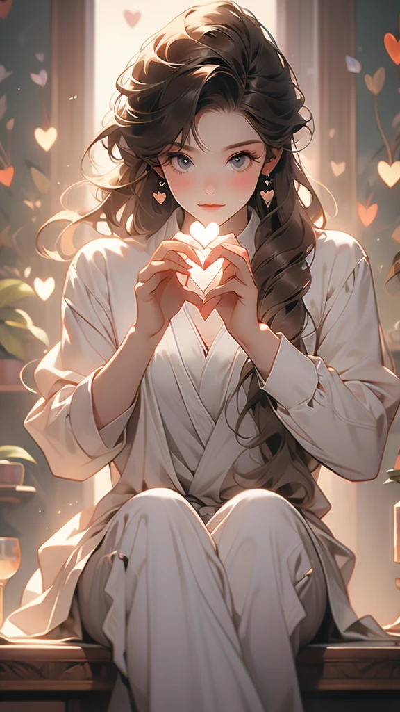 male and female characters make a heart shaped shape with hands and feet, heart, heart hands, 1girl, long hair, necktie, brown hair