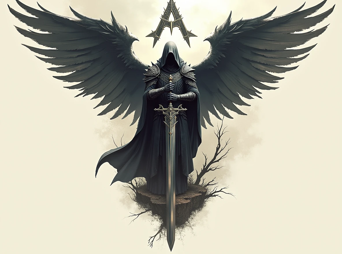 Replace the sword with a thin-bladed dagger. The dagger should have an elegant, slender blade and an ornate handle, matching the overall dark fantasy aesthetic. Ensure that the 'A' shape above the blade and the wings on either side remain completely intact and unchanged. The dagger must fit naturally within the design, replacing the sword but maintaining the same position and alignment."