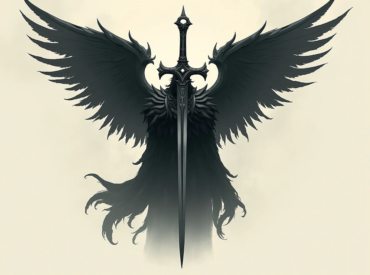 Replace the sword with a thin-bladed dagger. The dagger should have an elegant, slender blade and an ornate handle, matching the overall dark fantasy aesthetic. Ensure that the 'A' shape above the blade and the wings on either side remain completely intact and unchanged. The dagger must fit naturally within the design, replacing the sword but maintaining the same position and alignment."