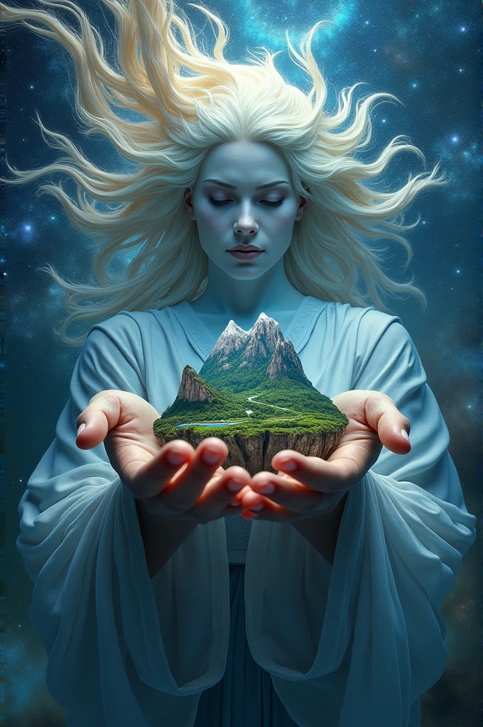 god with galaxy hair carrying island with her hands