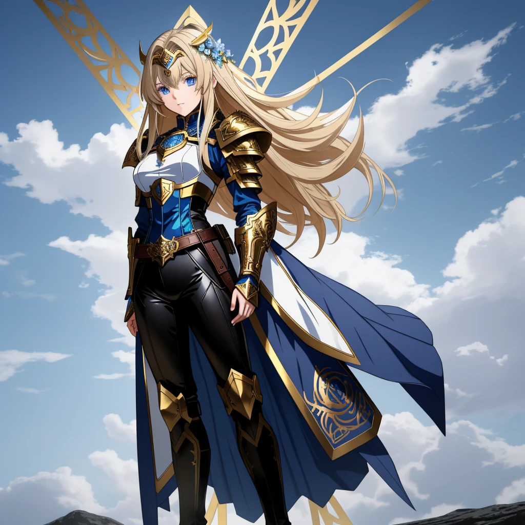 A full-body portrait of two person a young woman in anime style, with long, light blonde hair, framed by a white mantle adorned with golden details. She has intense blue eyes and wears a form-fitting blue armor with intricate engravings of leaves and flowers, and golden metal pieces covering her shoulders and arms. A dark brown leather belt with metallic buckles secures her armor at the waist. She wears brown leather boots. A cross-shaped pendant adorns her chest. The background features a blue sky with fluffy clouds, highlighting her majestic and noble appearance, visible from head to toe, wear tight pants. The second young man in anime style, with short, dark hair. he has intense blue eyes and wears a form-fitting blue armor with intricate engravings of leaves and flowers, and golden metal pieces covering her shoulders and arms. A dark brown leather belt with metallic buckles secures her armor at the waist. he wears brown leather boots, both are standing in a dynamic action pose. A cross-shaped pendant adorns her chest. The background features a blue sky with fluffy clouds, highlighting her majestic and noble appearance, visible from head to toe, wear tight pants
