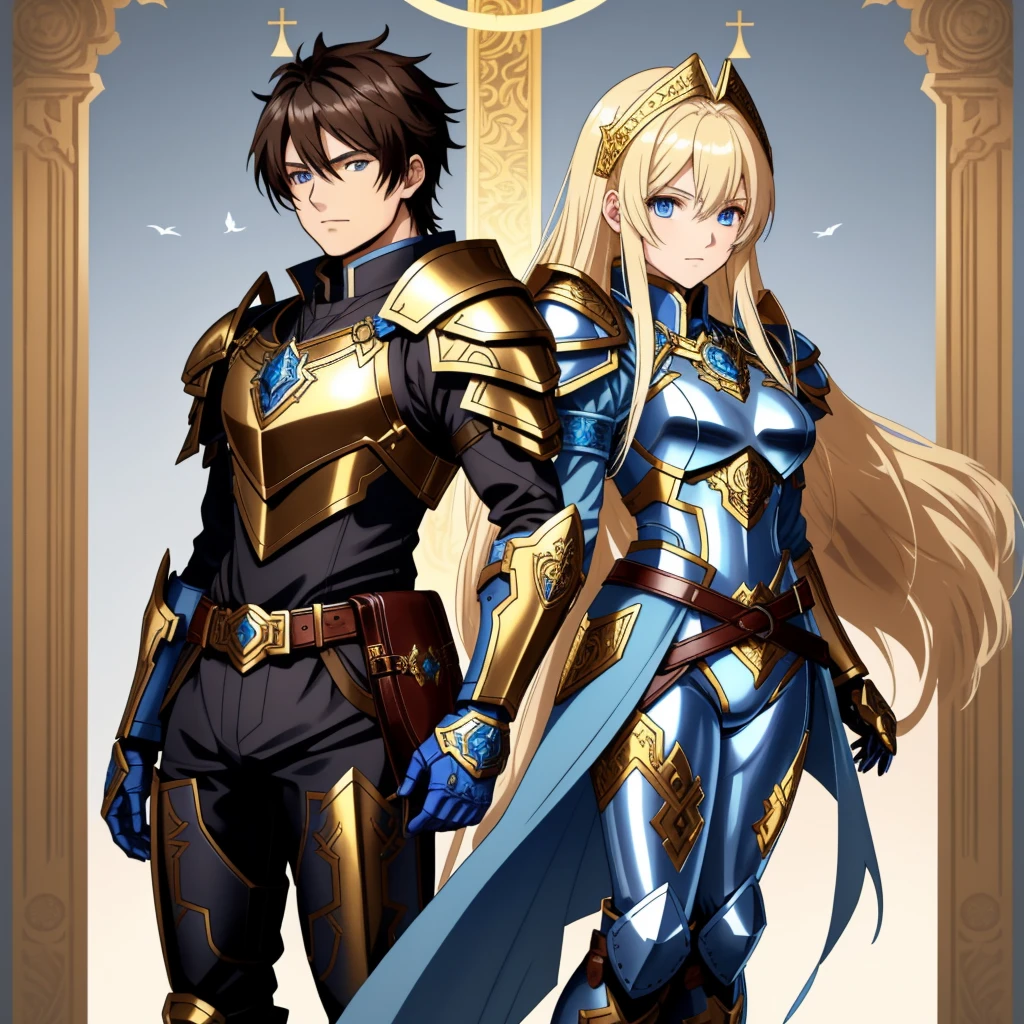 A full-body portrait of two person a young woman in anime style, with long, light blonde hair, framed by a white mantle adorned with golden details. She has intense blue eyes and wears a form-fitting blue armor with intricate engravings of leaves and flowers, and golden metal pieces covering her shoulders and arms. A dark brown leather belt with metallic buckles secures her armor at the waist. She wears brown leather boots. A cross-shaped pendant adorns her chest. The background features a blue sky with fluffy clouds, highlighting her majestic and noble appearance, visible from head to toe, wear tight pants. The second young man in anime style, with short, dark hair. he has intense blue eyes and wears a form-fitting blue armor with intricate engravings of leaves and flowers, and golden metal pieces covering her shoulders and arms. A dark brown leather belt with metallic buckles secures her armor at the waist. he wears brown leather boots, both are standing in a dynamic action pose. A cross-shaped pendant adorns her chest. The background features a blue sky with fluffy clouds, highlighting her majestic and noble appearance, visible from head to toe, wear tight pants
