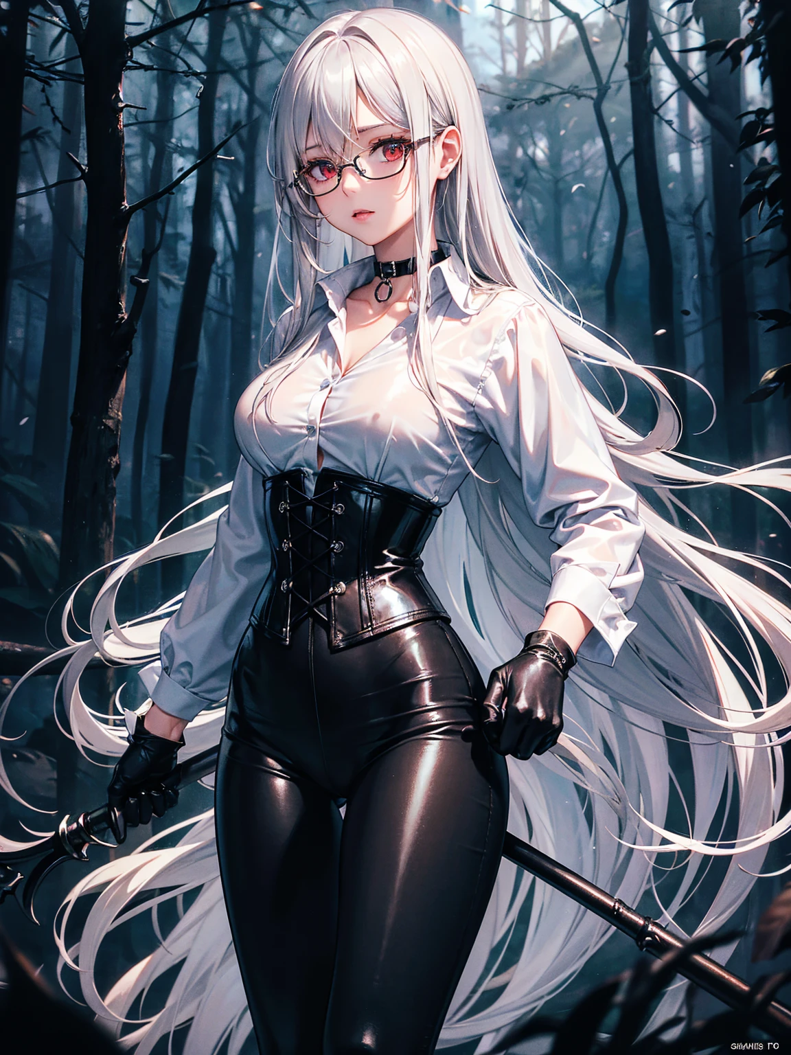 masterpiece, Superior image quality, High resolution, 4k image,photo and gross, photorealistic, whole body, 1 girl, standing, {{{vagina}}}, beautiful face, Long wavy silver hair, Red eyes, very detailed eyes, shy expression, Glasses, choker:1.6, (white long sleeve button down shirt with white collar), black gloves, gloves that cover hands, holding a spear in his hand, (black leather corset), (shiny black leggings), Sensual Lips, show details in the eyes, View from the front, looking at the viewer, Dark forest, fog, at night