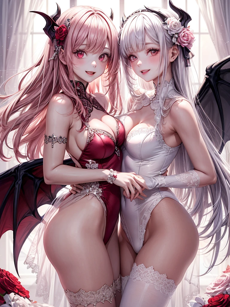 (masterpiece:1.2), (best quality:1.2), newest, intricate details, ai-generated, perfect anatomy, white and pink theme, beautiful succubus girl, embossing decoration on body, flower design pink trim, wearing lace leotard and (tutu:1.2), shiny room with smooth surfaces, red eyes, long hair, devil wings, smile, dynamic pose, pure white bed