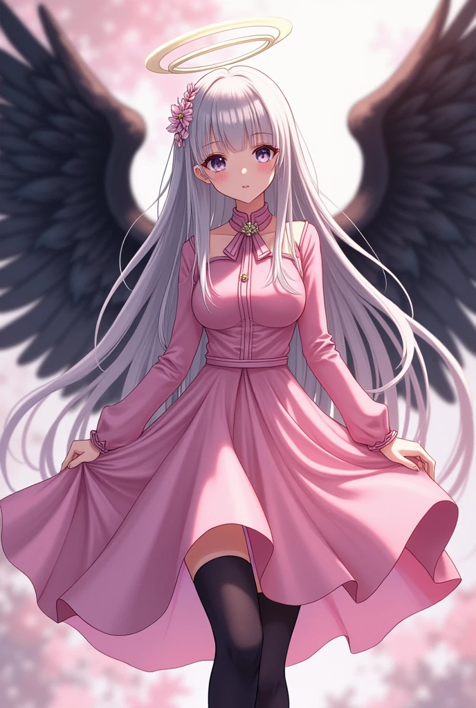 a beautiful girl with silver long hair, gray eyes. pink hair gradations, wearing a pink dress ellegant, wearing black wings. and an angel halo overhead. Cool expression. Full body, high hells and black stocking