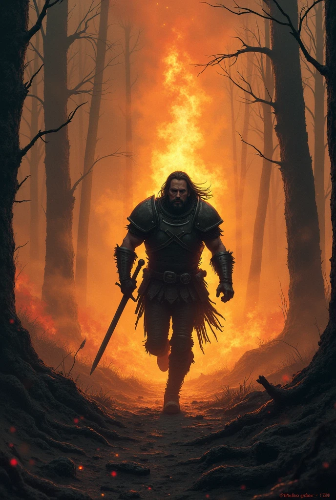 Warrior fleeing from a burning forest in 80s dark fantasy style with cloudy weather and horror tones