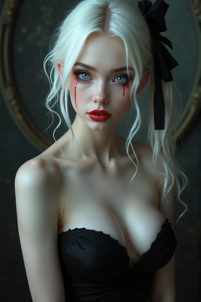 A 21 year old girl with big vampire breasts with white eyes and hair, with a black dress and a black bow in the back of her hair