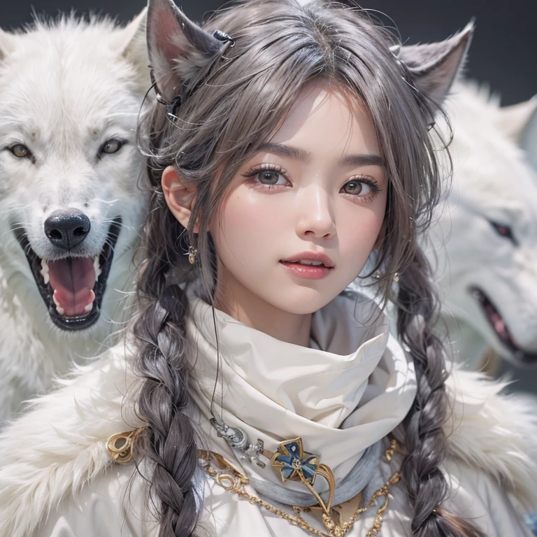 Shirakami-Sanchi、Hair Flow、 ((Highest quality、masterpiece、8k、Best image quality、Ultra-high resolution、Award-winning works)、(Accurate anatomy:1.1)、(Look at me and smile:1.1)、Shining fair skin with Ultra-high resolution、The most detailed face、Ultra-high resolution detailed face、Ultra-high resolutionの髪の毛、(Ultra-high resolutionの煌めく瞳:1.1)、Beautiful face drawn in every detail、(Blurred Background:1.1)、Inuit in white clothing, Inuit clothing, Chest to chest, tattoo、A real giant condor next to you。Observe the white wolf