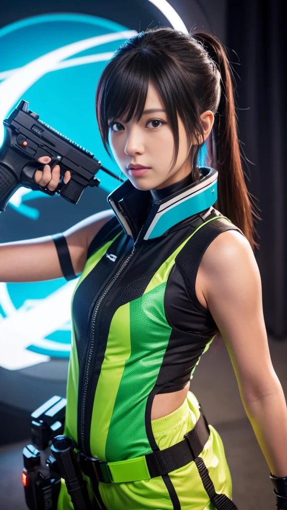 a close up of a person with a gun and a helmet, katana zero video game character, makoto shinkai ( apex legends ), official character art, female protagonist, female protagonist 👀 :8, ayaka genshin impact, wataru kajika, chiho aoshima color scheme, portrait n - 9, makoto shinka, makoto