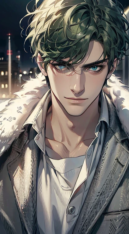 (best quality,4k,8k,highres,masterpiece:1.2),ultra-detailed,(realistic,photorealistic,photo-realistic:1.37),1 man,31 years old,mature man,very handsome,without expression,smile,short green hair,blue eyes,penetrating gaze,perfect face without errors,imposing posture,businessman,office background,cinematic lighting,hdr image