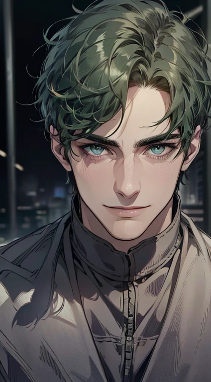 (best quality,4k,8k,highres,masterpiece:1.2),ultra-detailed,(realistic,photorealistic,photo-realistic:1.37),1 man,31 years old,mature man,very handsome,without expression,smile,short green hair,blue eyes,penetrating gaze,perfect face without errors,imposing posture,businessman,office background,cinematic lighting,hdr image