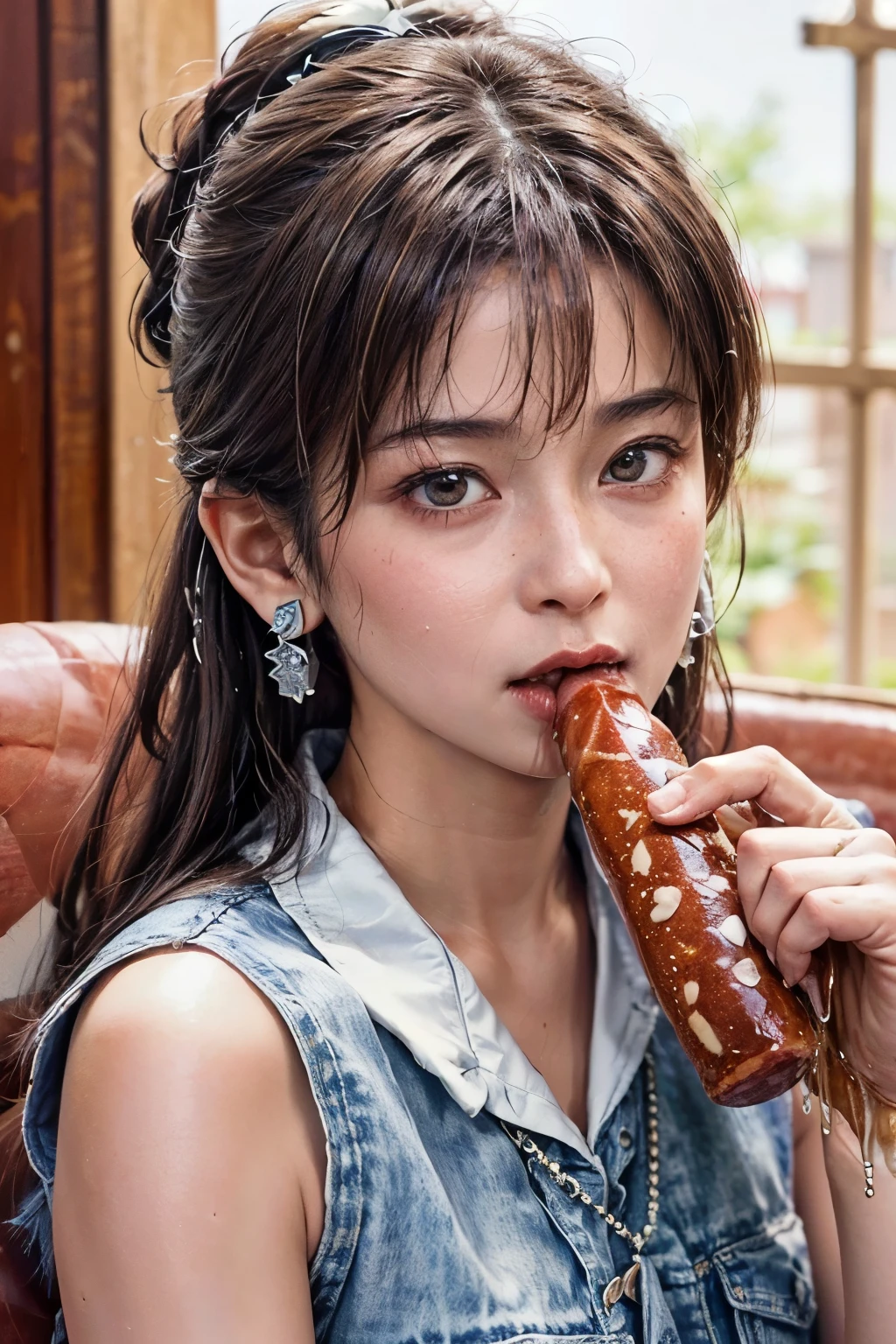 realistic, photo-realistic, masterpiece, best quality, intricate details, extremely detailed, cinematic lighting, solo, a Japanese mature, , a 55yo woman, (eating a huge sausage in hand, bite a large sausage, shovel a long sausage into mouth, sucking a thick sausage:1.4), (drip white liquid from mouth:1.5), bare shoulders, dark hair, bangs, ponytail, hair ornament, hair scrunchie, cute face, extremely detailed face, beautiful detailed eyes, sophisticated nose, pale skin, fine-textured skin, sweaty, shiny skin, earrings, necklace, jewelry, photo background, indoors, home, 