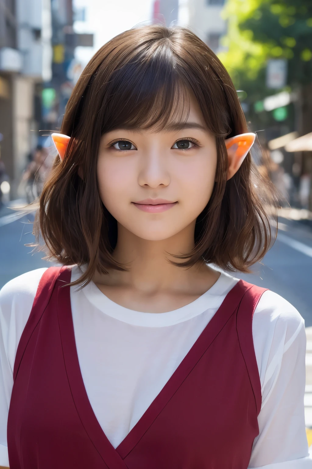 best quality, masterpiece, ultra high res, (photo realistic:1.4), RAW photo, (Elf:1.25), Japan, 16years old, no makeup, flat chest, puffy face, shy smile, big t shirt, Medium Bob Cut, Gentle perm,Messy hair, at street