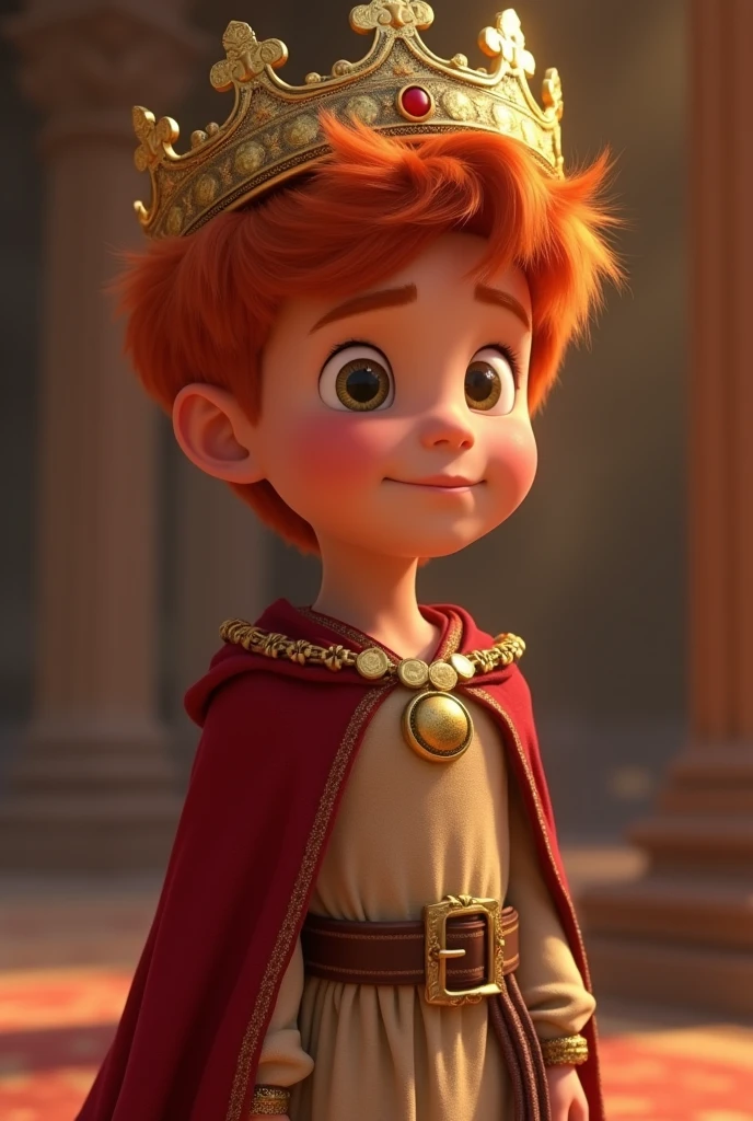 red-haired boy with biblical clothes and a king&#39;s crown pixar style
