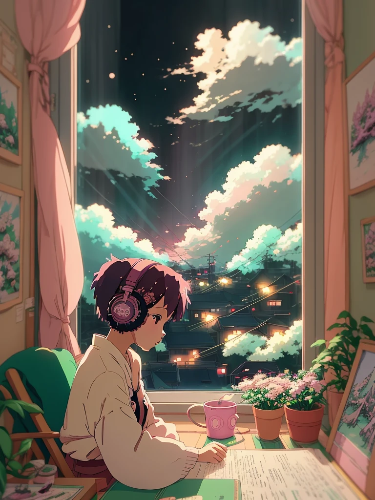 Anime style, (dreamlikeart), (soft focus), cozy room setting, girl with headphones, [(Lofi beats:1.3)|ambient music], (anime art), [(cherry blossoms|bookshelf:0.5)], [reflective surface:0.8], [(pastel colors:1.2)|subdued tones], [(attention to details:1.1)], [illustration:0.7], [(Studio Ghibli style:1.4)], (anime character design), [window light], [(subtle shadows:0.9)], [(subdued atmosphere:1.2)|calm ambiance], [(trending on Pixiv:1.2)], [(anime community approved:1.1)], [(Anime Expo:1.3)], [ethereal glow], [(focus on eyes:1.1)], [(character illustration:0.8)], [(soft artstyle)], [(nostalgic feeling:1.2)], [(character sitting:0.7)], [(artistic details:1.1)], [(melancholic mood:1.3)], [(attention to clothing details:1.2)], [(hair flow:1.1)], [(unique headphones design:1.2)], [(vivid background elements:1.1)], [(anime genre:lofi:1.4)], [(trending on DeviantArt:1.1)], [(inspired by Makoto Shinkai:1.2)], [(cyberpunk infusion:0.9)], [(rainy day vibe:1.2)], [(subtle bokeh:1.1)], [(anime girl pose:0.9)], [(artistic expression:1.2)], [(harmony in color palette:1.1)], [(wistful mood:1.2)], [(detailed room decor:1.1)], [(trending on ArtStation:1.1)], [(illustration challenge entry:1.3)] , 1girl