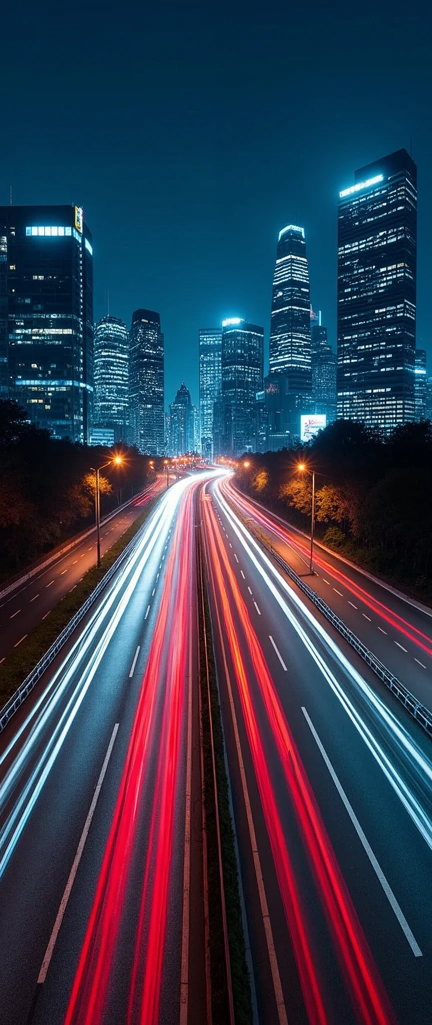 (Light trail photography),Tokyo,Skyscrapers,Metropolitan Expressway,(Intersection of highway:2.0),night,View from the car,Beautiful afterimage of light,masterpiece,Highest quality,Ultra-high resolution,Super detailed,8k,Realistic,Best aesthetics