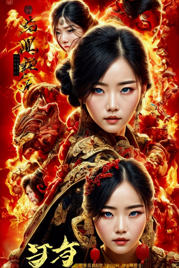 (Best Quality, movie poster style), A beautiful woman with (a red eye:1.2),(meaningful chinese writing:1.1), combining the elements perfectly together.