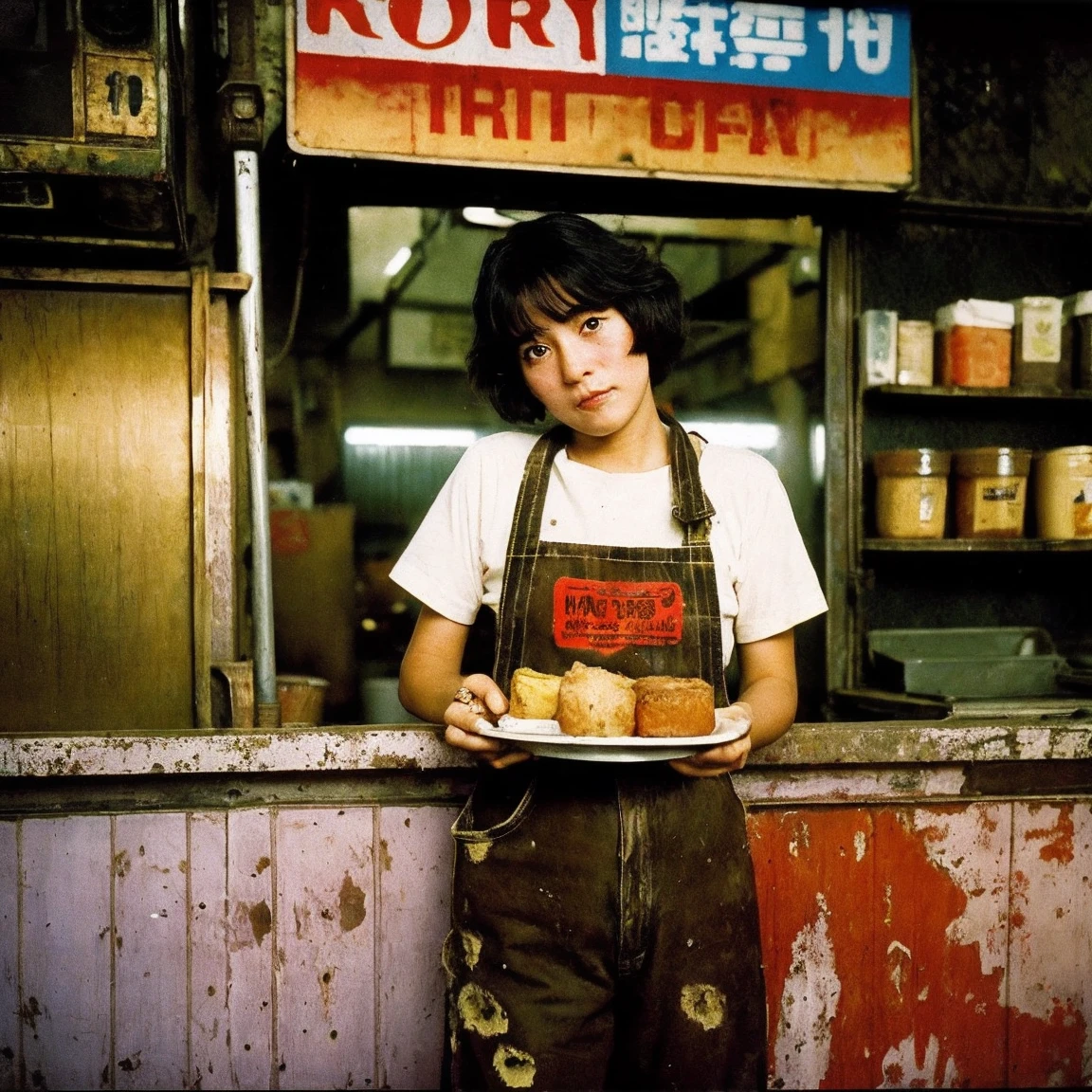 ((masterpiece、Highest quality))、Poor conditions、Japan 1980s, Dirty Standing Tavern、Cooking、Old and dirty store, Unsanitary and dirty downtown Tokyo, Japan Streets, Cute girl working at the store、Poor workers、Rusted corrugated iron, Unhygienic restaurant, in the Tokyo cityscape, Kodachrome : : 8k yen, Vintage Photography, Printed matter from the 1970s