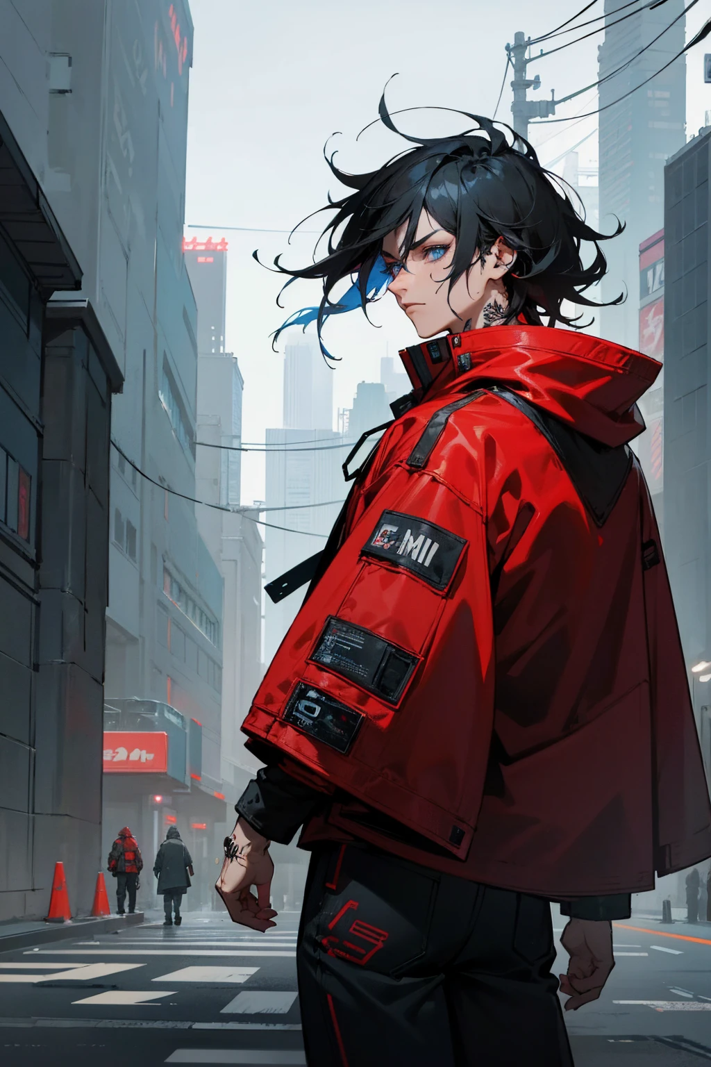 1 men, Bblack hair, blue colored eyes, Messy hair, cyberpunk facial implant, neck and arm tattoos, modern clothing, red coat, Black baggy pants, city background, walking on the path, detailed back ground, face detailed, unexpressive