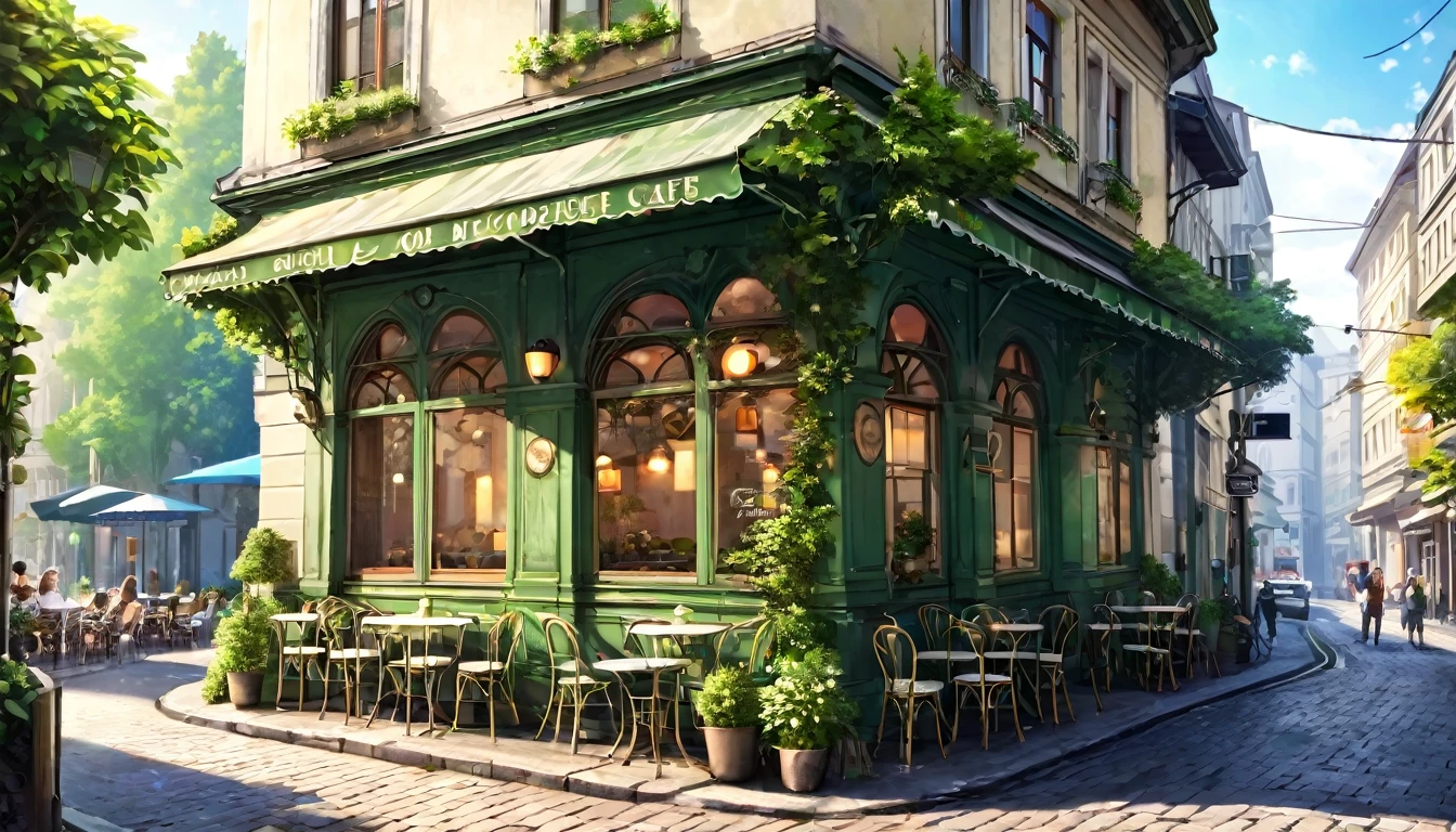 Beautiful old cafe on a street corner . The cafe is filled with nature lovers..