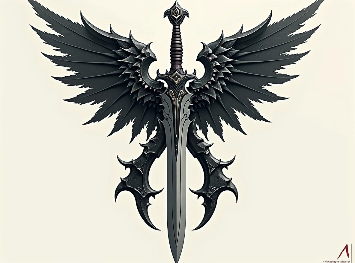 Replace the sword with a thin-bladed dagger. The dagger should have an elegant, slender blade and an ornate handle, matching the overall dark fantasy aesthetic. Ensure that the 'A' shape above the blade and the wings on either side remain completely intact and unchanged. The dagger must fit naturally within the design, replacing the sword but maintaining the same position and alignment. (((Dagger)))