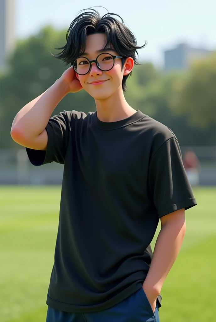 (photorealism:1.2), This male character reflects a youthful and energetic personality, suitable for representing sports, fitness or active lifestyle themes in AI-based projects. He has medium-length black hair, slightly tousled, and wears round glasses, adding a unique blend of intellectual and athletic qualities to his character. His expression is relaxed and friendly, with a hint of a smile, showing approachability and confidence.
He wore a black athletic t-shirt and dark blue sports shorts, showing a casual and sporty look. Her character poses in a natural and informal manner, with one hand running through her hair, highlighting a carefree and relaxed attitude. His background suggests an outdoor sports environment, perhaps associated with a soccer field or similar environment, thus reinforcing his active and health-conscious lifestyle.