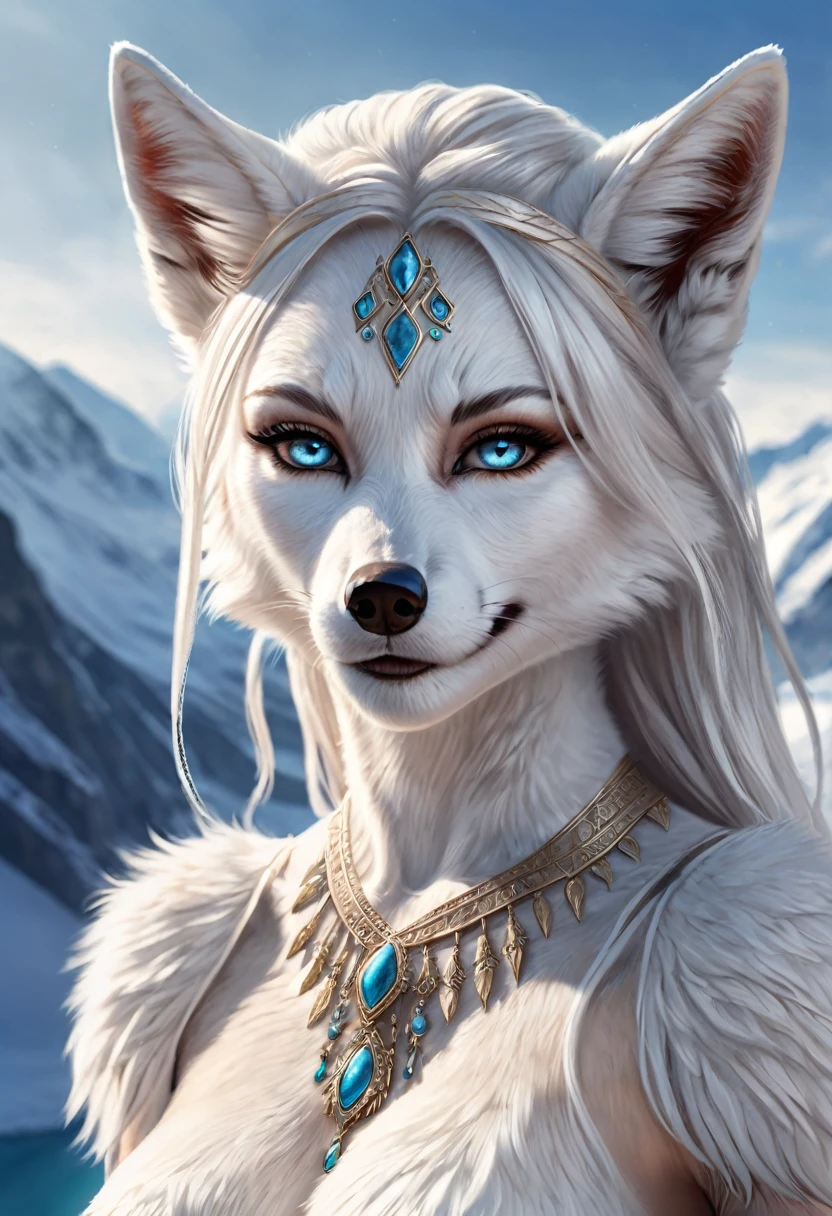 Anthropomorphic feminine arctic-fox-satyr enchantress. Official Art – An Award-Winning Digital Masterpiece In 4K Ultra HD, Extreme Detail And Intricate Realism. Symmetrical Face. This Concept Art Brought To Life By The Hands Of Artists Like Wlop & Artgerm In A Stunning 2D Vector Illustration. Background Is A Panoramic Vista.