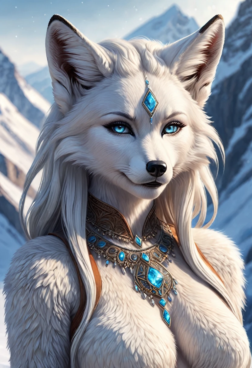 Anthropomorphic feminine arctic-fox-satyr enchantress. Official Art – An Award-Winning Digital Masterpiece In 4K Ultra HD, Extreme Detail And Intricate Realism. Symmetrical Face. This Concept Art Brought To Life By The Hands Of Artists Like Wlop & Artgerm In A Stunning 2D Vector Illustration. Background Is A Panoramic Vista.
