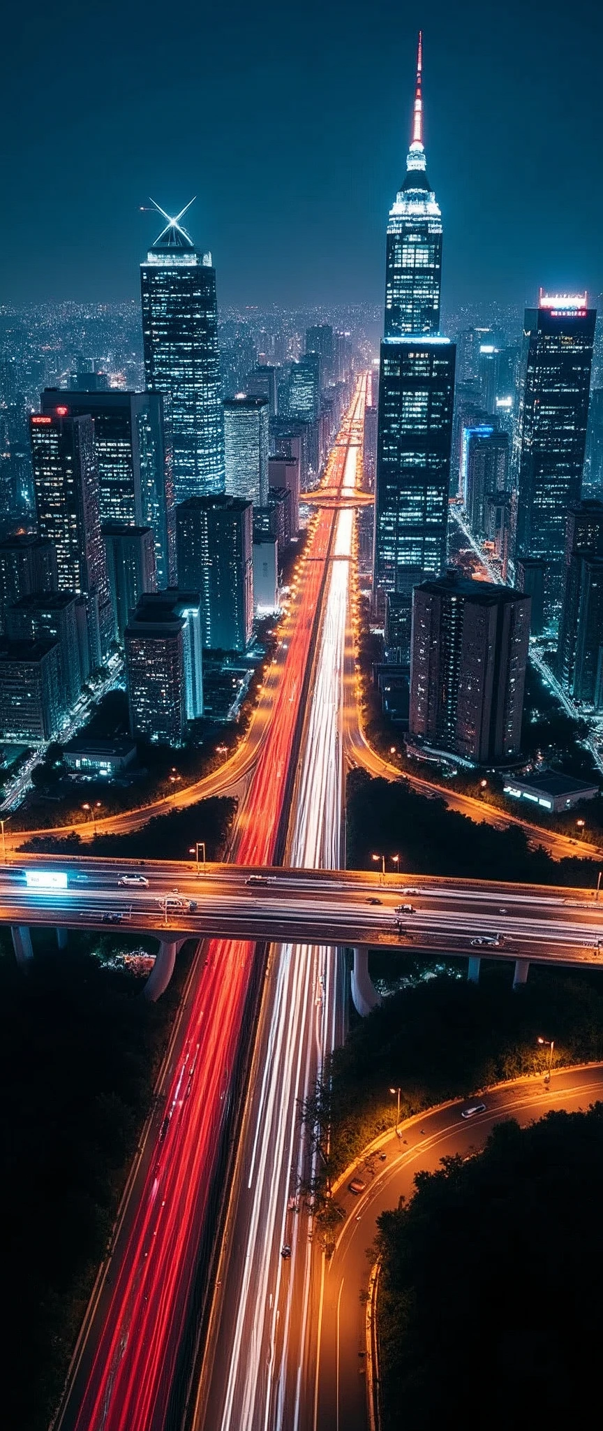 (Light trail photography:2.0),Tokyo,Skyscrapers,Metropolitan Expressway,(Intersection of highway:2.0),night,Shooting from the air by plane,Beautiful afterimage of light,masterpiece,Highest quality,Ultra-high resolution,Super detailed,8k,Realistic,Best aesthetics