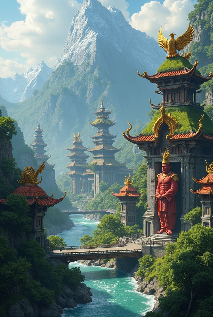 Nalandangan is a grand city by a river, surrounded by forests and mountains. Its tall wooden structures have roofs adorned with grass and serpent-like statues with sharp teeth. The city features an imposing Red Warrior statue at the front, golden warrior statues on rooftops, a serene maiden statue in the west, and a vigilant golden eagle statue in the east.
