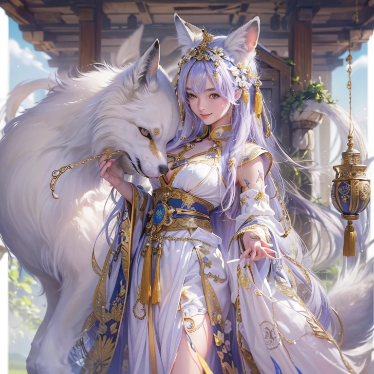 Hiding in an ancient shrine、Hair Flow、 ((Highest quality、masterpiece、8k、Best image quality、Ultra-high resolution、Award-winning works)、(Accurate anatomy:1.1)、(Look at me and smile:1.1)、Shining fair skin with Ultra-high resolution、The most detailed face、Ultra-high resolution detailed face、Ultra-high resolutionの髪の毛、(Ultra-high resolutionの煌めく瞳:1.1)、Beautiful face drawn in every detail、、Ancient maiden costume, Chest to chest, tattoo、The white fox is next to me