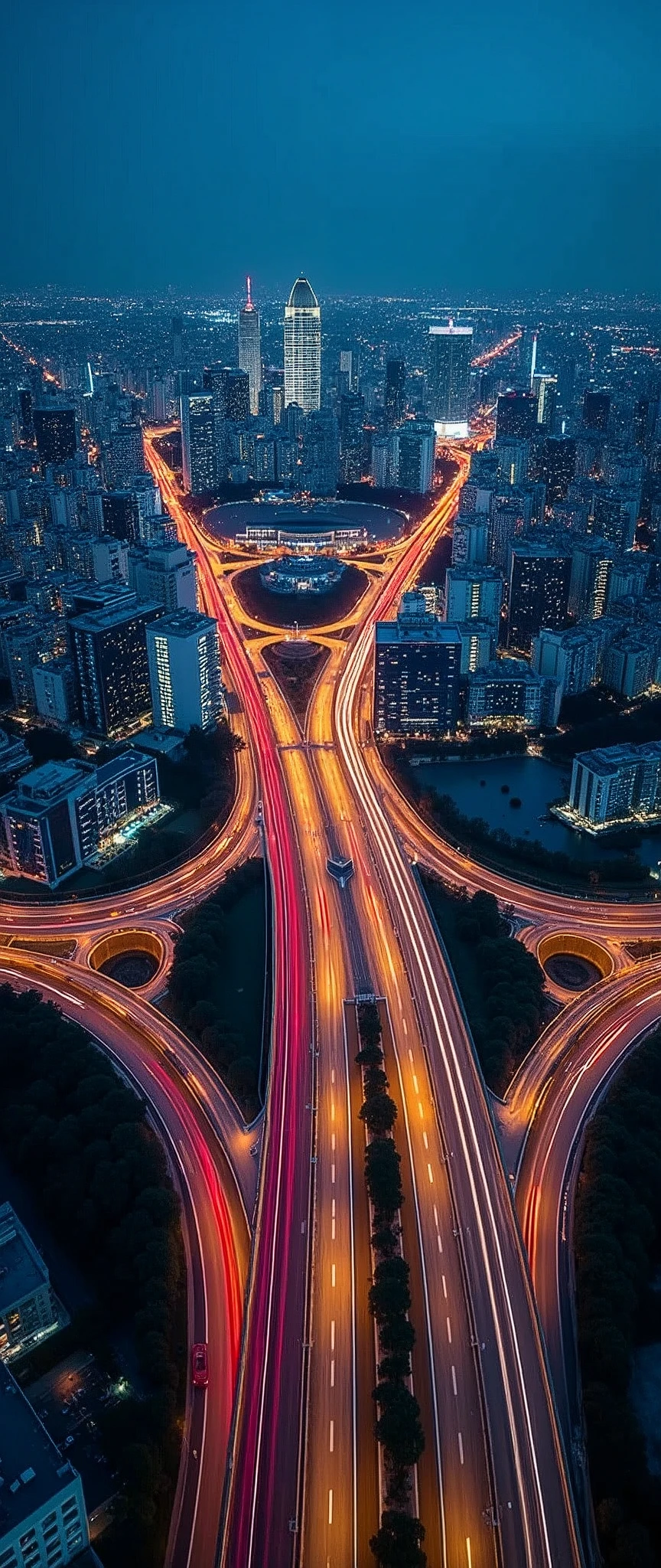 (Light trail photography:2.0),Tokyo,Skyscrapers,Metropolitan Expressway,(Intersection of highway:2.0),night,Shooting from the air by plane,beautiful光の残像,(masterpiece:1.2,Highest quality,Ultra-high resolution,Super detailed,8k,Realistic,Best aesthetics),beautiful,(dynamic)