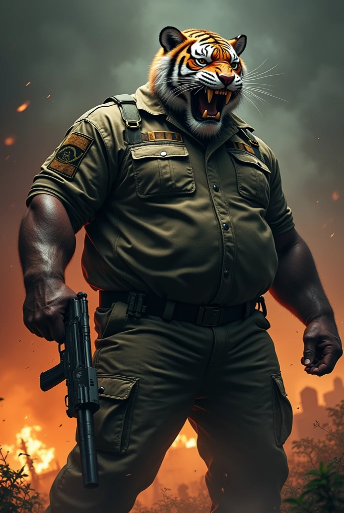 (a dark-skinned fat muscular old man in army camouflage jumpsuit) carrying a gun in right hand, (wearing realistic roaring tiger mask), dynamic action pose, fierce expression, showcasing an imposing stature, surrounded by military elements, dramatic shadows and intense highlights, cinematic color tones, high detail, powerful, art influenced by Bruce Onobrakpeya and Stanley Artgerm, ultra-detailed, best quality image, action-packed atmosphere. fighting stance