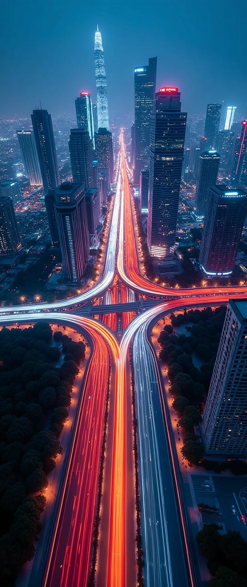 Light trail photography,Fictional metropolis,capital,Skyscrapers,Intersection of highway:2.0,beautiful光の残像,Neon color,night,Shooting from the air by plane,beautiful光の残像,(masterpiece:1.2,Highest quality,Ultra-high resolution,Super detailed,8k,Realistic,Best aesthetics),beautiful,(dynamic)