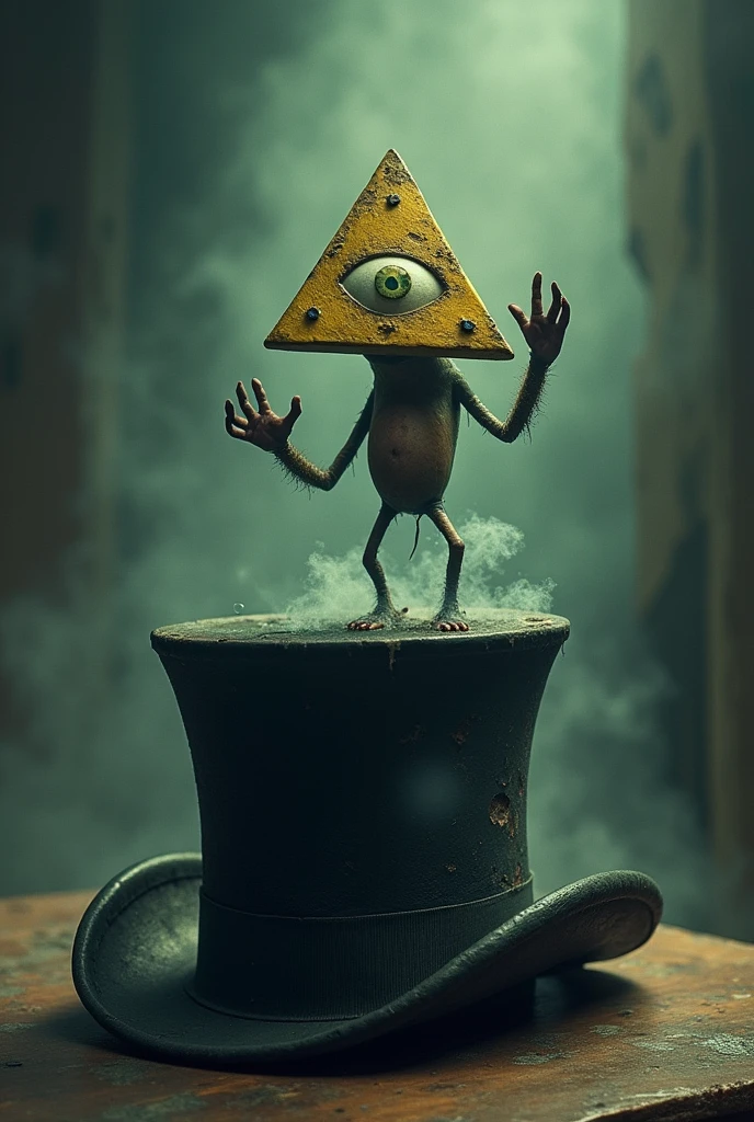 Uncle Stan&#39;s hat from Gravity Falls and Bill Cipher is sitting on top of the hat and one hand is holding 3rd F