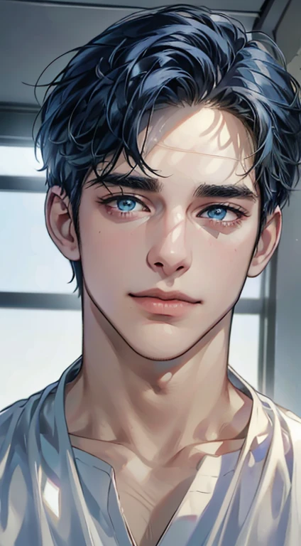 (best quality,4k,8k,highres,masterpiece:1.2),ultra-detailed,(realistic,photorealistic,photo-realistic:1.37),1 man,31 years old,mature man,very handsome,without expression,smile,short blue hair,blue eyes,penetrating gaze,perfect face without errors,imposing posture,businessman,office background,cinematic lighting,hdr image