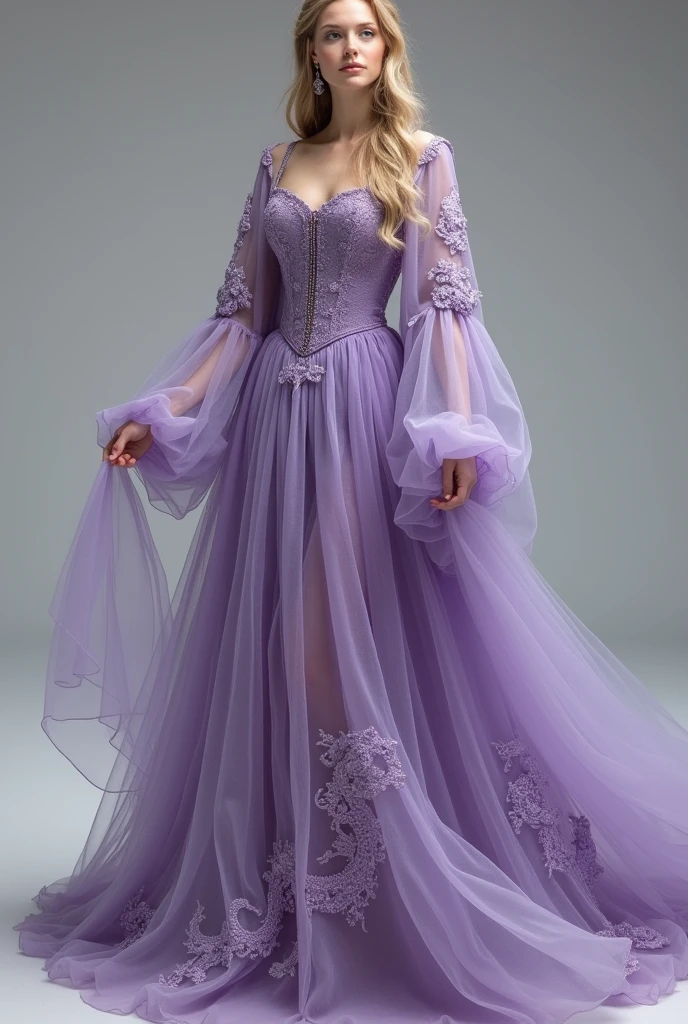 Lilac medieval long sleeve dress, with a generous neckline, the skirt of the dress and the sleeves are made of tulle with dragons embroidered on them. 