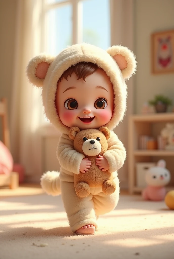 3d cute  character with happy animal costume running cuddly bear

